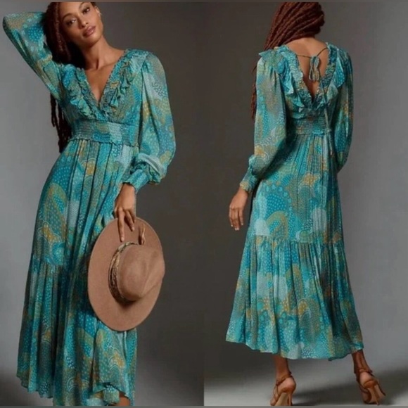 NEW Anthropologie The Odetta Ruffled V-Neck‎ Maxi LS flowy Dress Teal Size  M - Picture 3 of 17